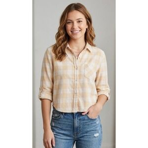 Vintage Y2K Mossimo Beige & Yellow Pastel Plaid Semi-Cropped Flannel Shirt  Med